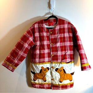 PAQUERETTE EMILIO Sz XL (estimated) Red Plaid Quilted Jacket with Dog Appliqués